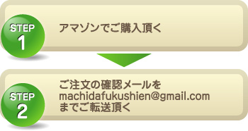 1アマゾンでご購入頂く 2ご注文の確認メールをmachidafukushien@gmail.comまでご転送頂く